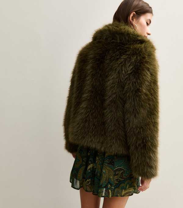 New Look Dark Khaki Faux Fur Coat