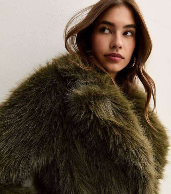 new look Dark Khaki Faux Fur Coat