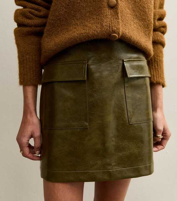 New Look Dark Khaki Faux Leather Cargo Mini Skirt