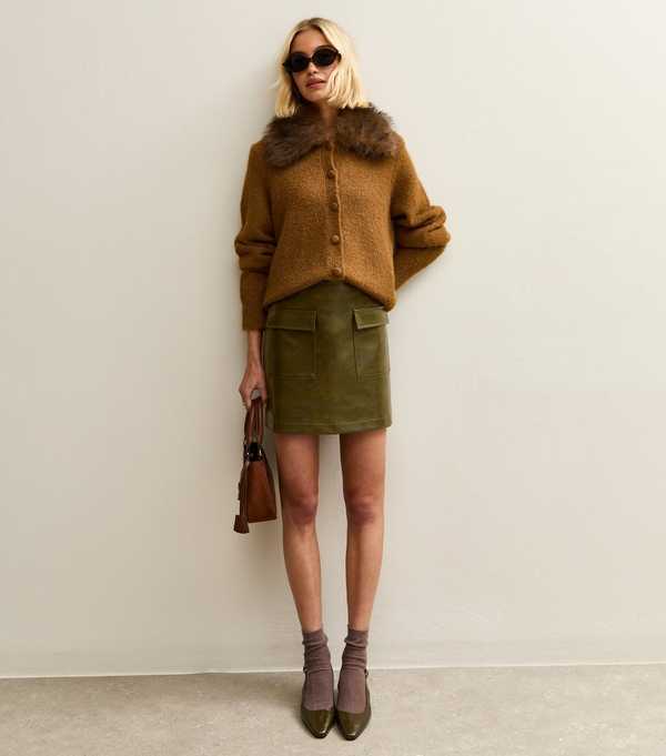 New Look Dark Khaki Faux Leather Cargo Mini Skirt