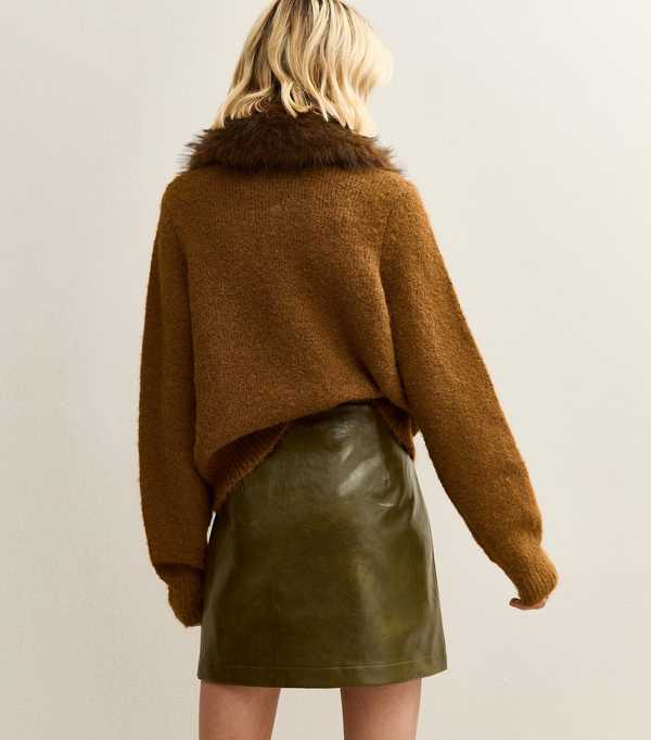 New Look Dark Khaki Faux Leather Cargo Mini Skirt