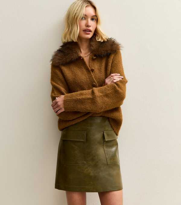 new look Dark Khaki Faux Leather Cargo Mini Skirt