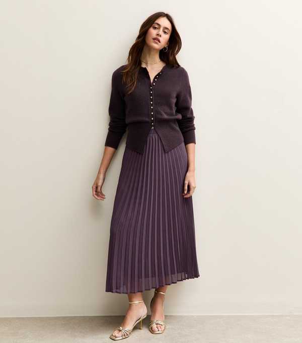 New Look Dark Purple Chiffon Pleated Midi Skirt