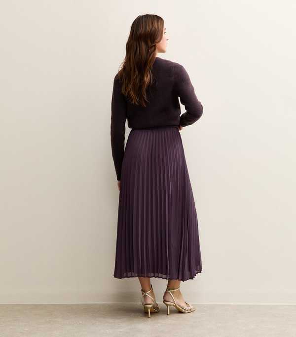 New Look Dark Purple Chiffon Pleated Midi Skirt
