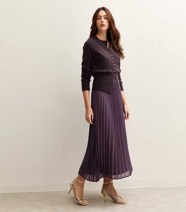 new look Dark Purple Chiffon Pleated Midi Skirt
