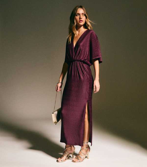 new look Dark Purple Plisse Batwing Midaxi Dress