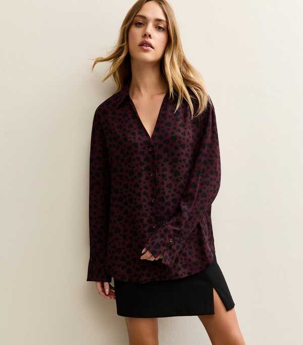 New Look Dark Red Heart Print Shirt