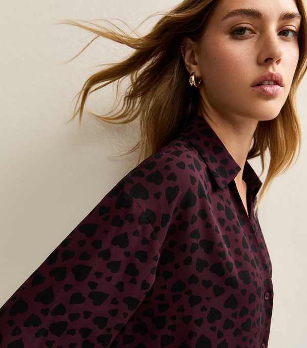 new look Dark Red Heart Print Shirt