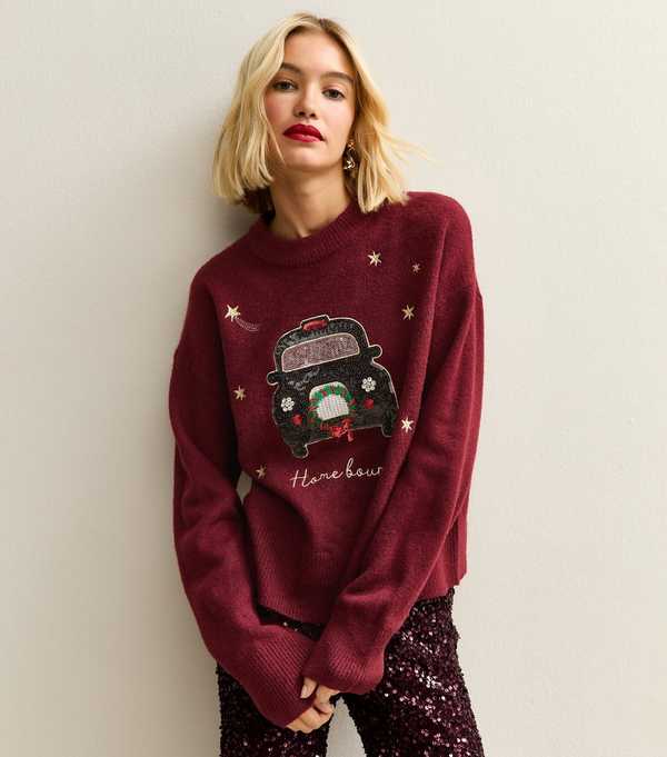 New Look Dark Red Home Bound Taxi Christmas Jumper
