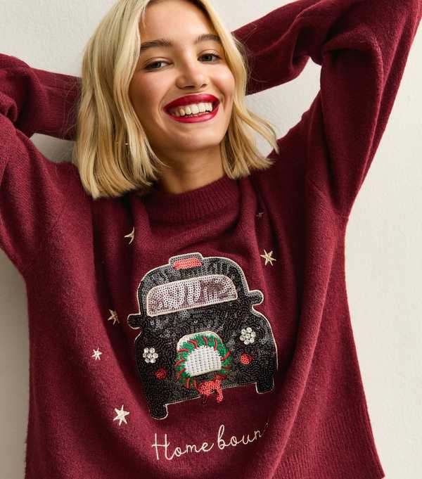 new look Dark Red Home Bound Taxi Christmas Jumper