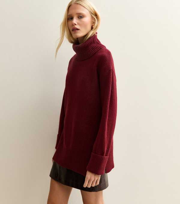 New Look Dark Red Longline Roll Neck Jumper