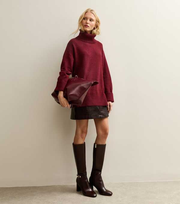 New Look Dark Red Longline Roll Neck Jumper