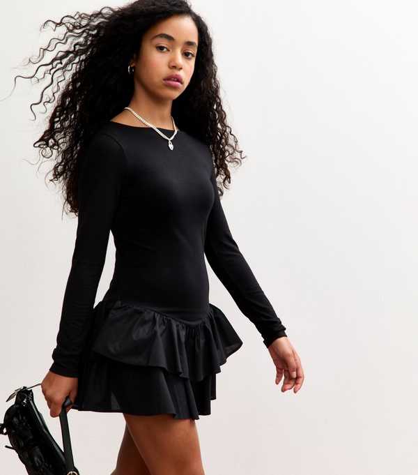 new look Girls Black Long Sleeve Rara Skirt Dress