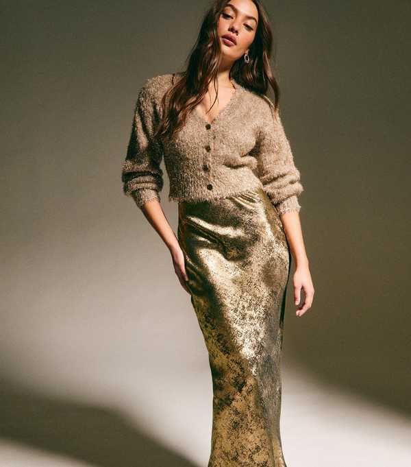 New Look Gold Metallic Bias Cut Midi Skirt