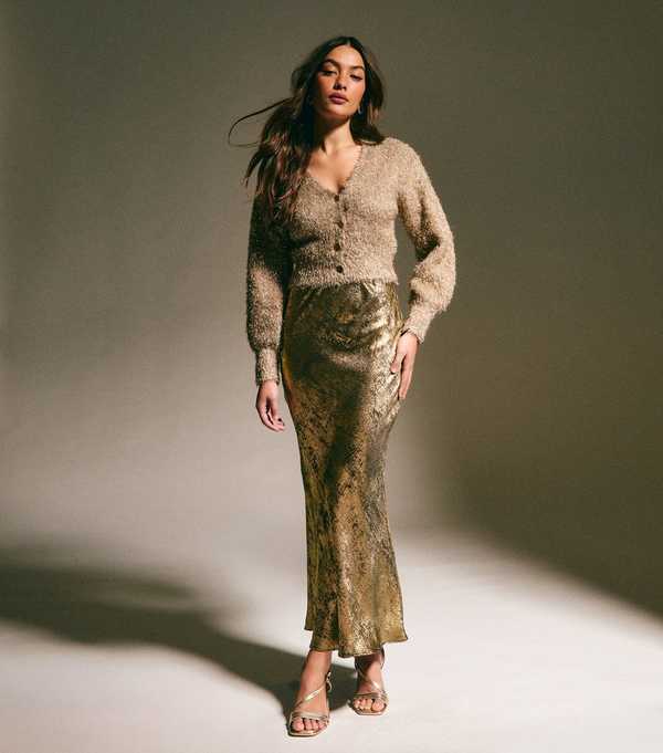 new look Gold Metallic Bias Cut Midi Skirt