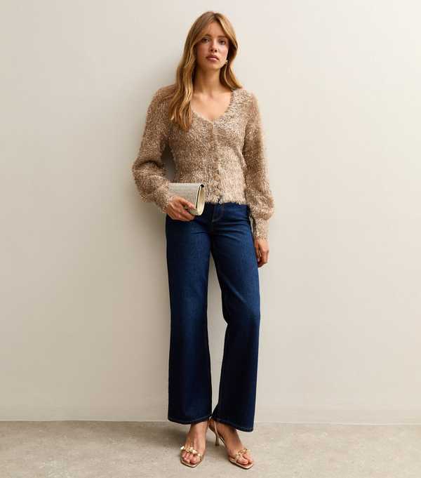 New Look Gold Sparkle Knit V-Neck Cardigan