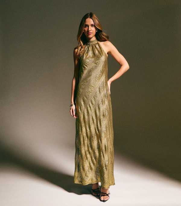 New Look Gold Textured Halter Neck Midi Dress