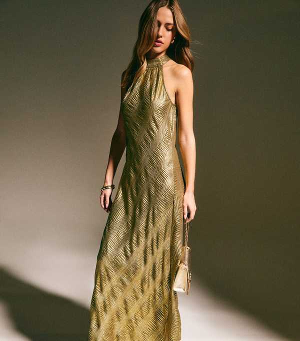 new look Gold Textured Halter Neck Midi Dress