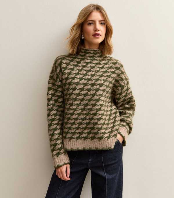 New Look Green Houndstooth High Neck Jumper