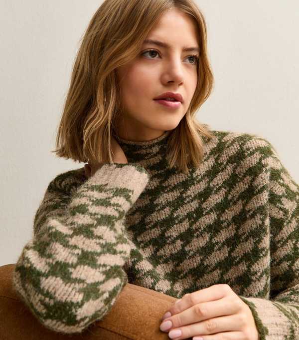 new look Green Houndstooth High Neck Jumper