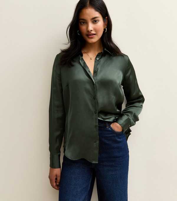 new look Green Satin Long Sleeve Shirt