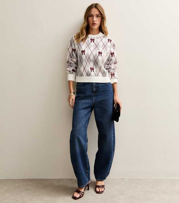 New Look Grey Argyle Sequin Bow Knit Jumper