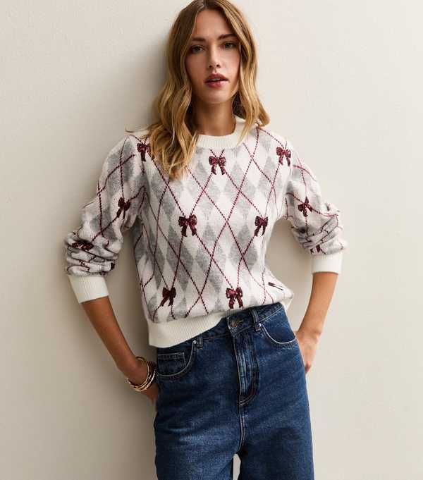 New Look Grey Argyle Sequin Bow Knit Jumper