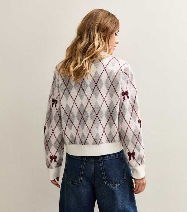 New Look Grey Argyle Sequin Bow Knit Jumper