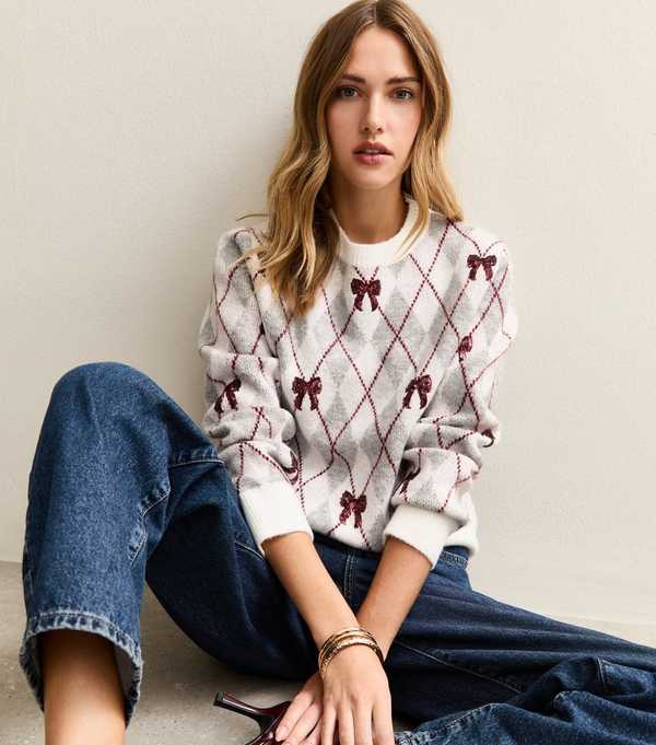 new look Grey Argyle Sequin Bow Knit Jumper