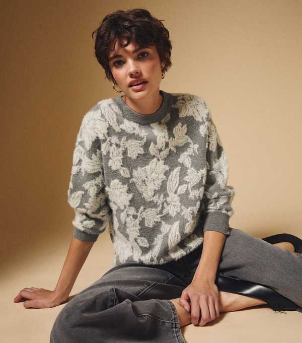 New Look Grey Brushed Floral Crew Neck Jumper