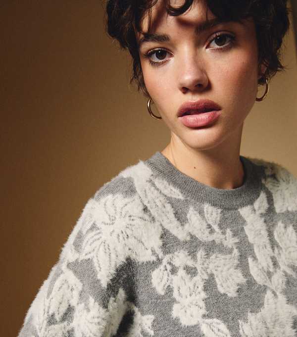 new look Grey Brushed Floral Crew Neck Jumper
