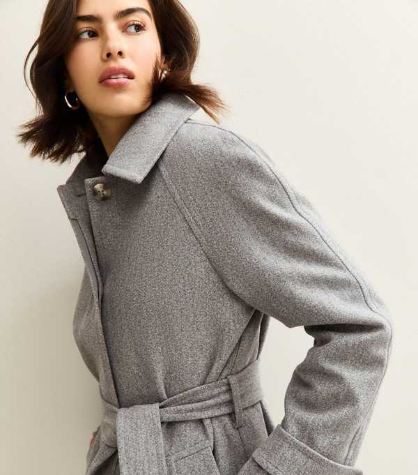 new Look Grey Button Front Belted Midi Coat