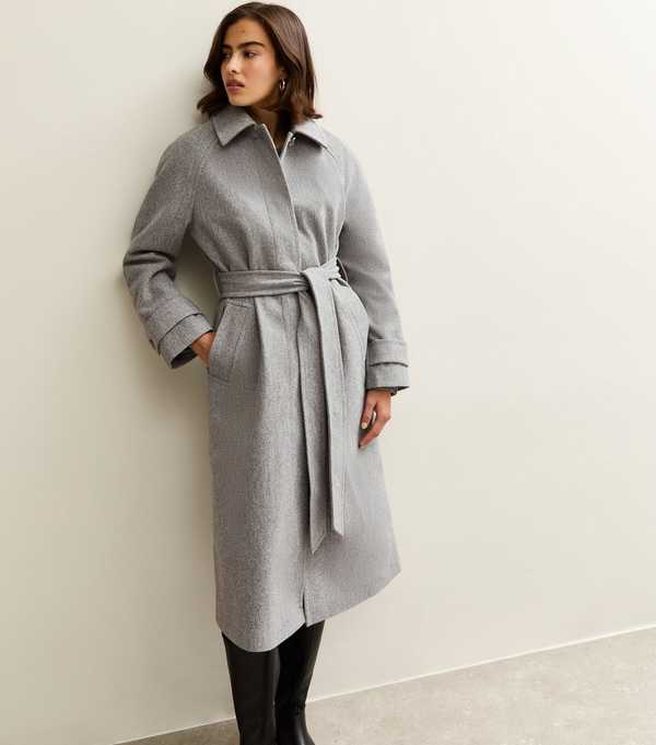 new Look Grey Button Front Belted Midi Coat