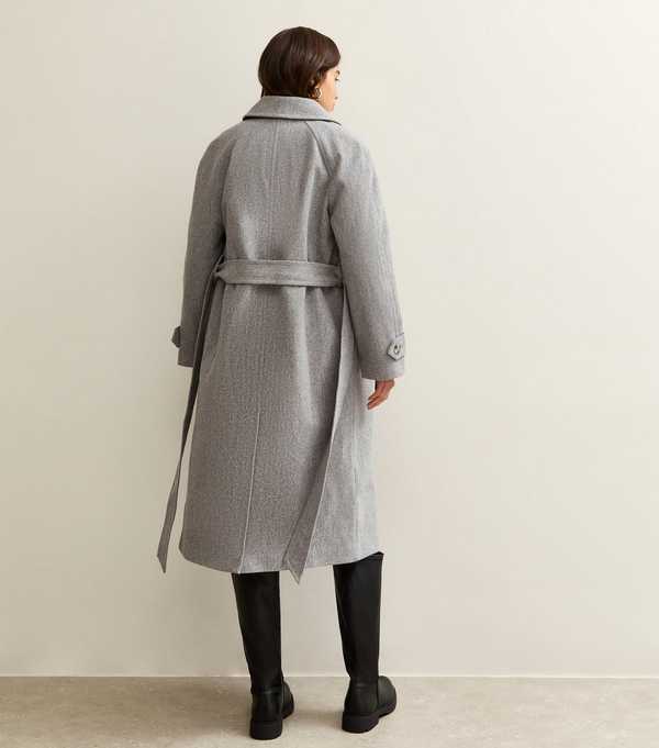 new Look Grey Button Front Belted Midi Coat