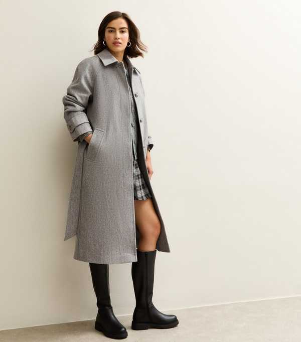 new look Grey Button Front Belted Midi Coat