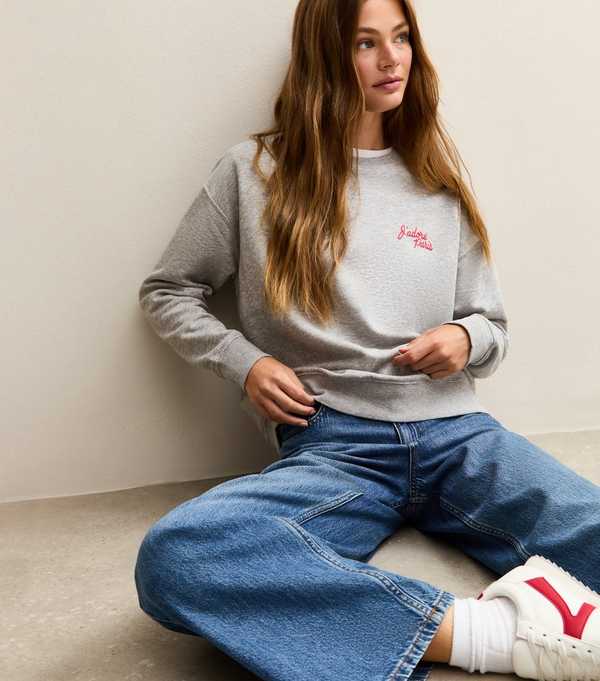 new look Grey J'Adore Paris Embroidered Sweatshirt