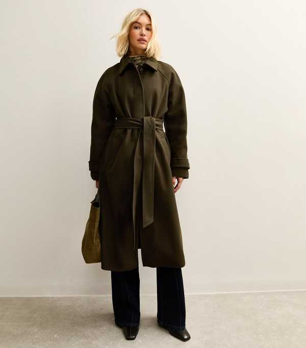 new look Khaki Button Front Belted Midi Coat