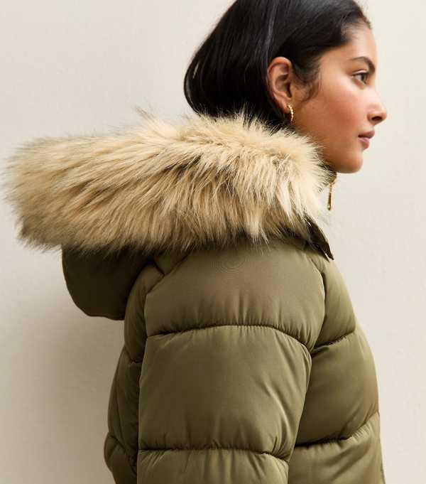 New Look Khaki Faux Fur Hood Longline Puffer Coat