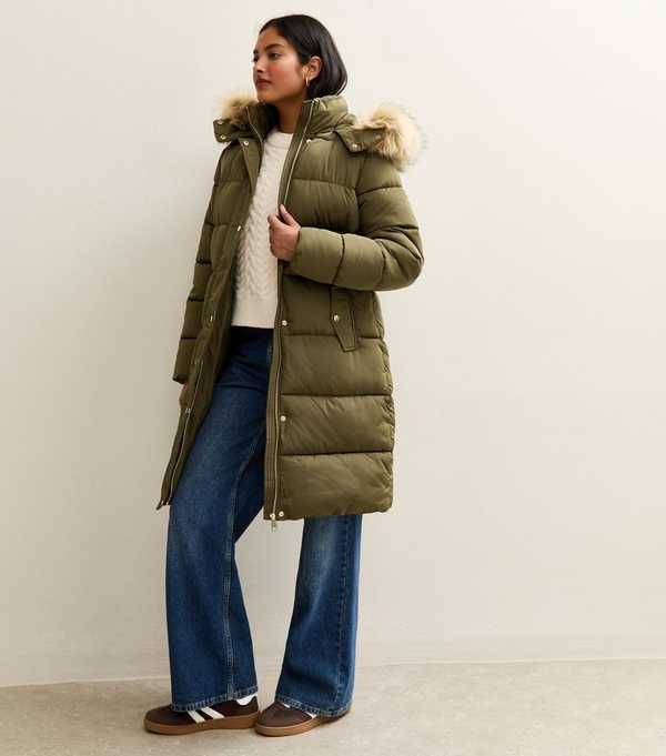 New Look Khaki Faux Fur Hood Longline Puffer Coat