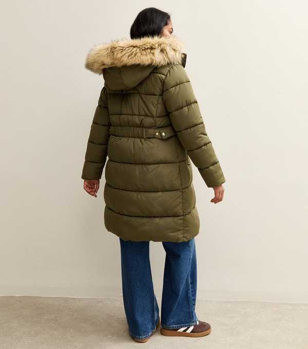 New Look Khaki Faux Fur Hood Longline Puffer Coat