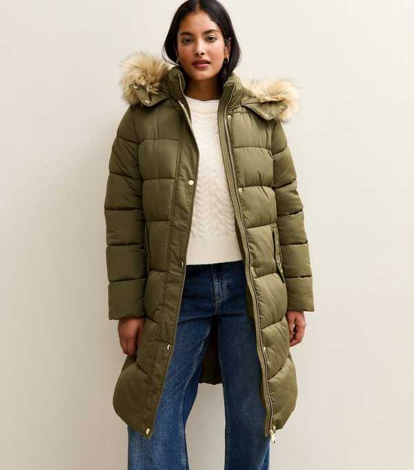 new look Khaki Faux Fur Hood Longline Puffer Coat