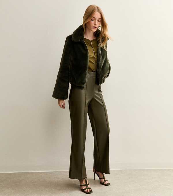 New Look Khaki Faux Leather Wide Leg Trousers