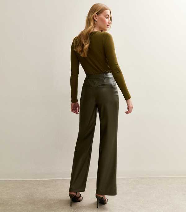 New Look Khaki Faux Leather Wide Leg Trousers