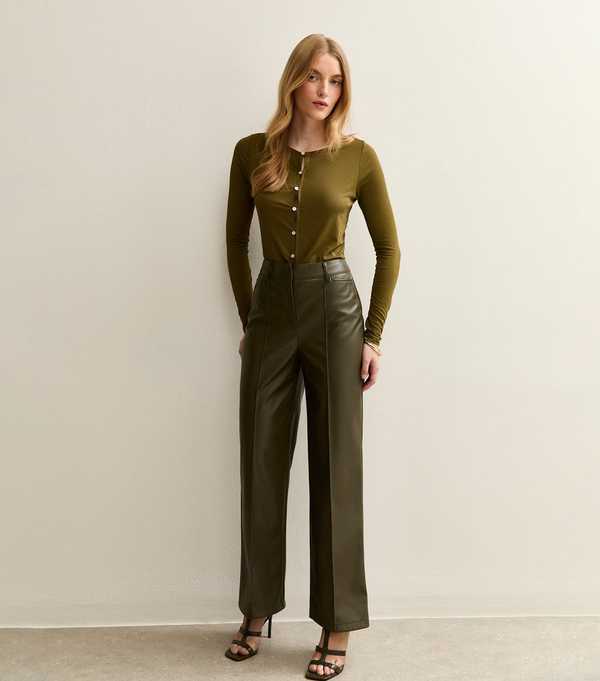new look Khaki Faux Leather Wide Leg Trousers