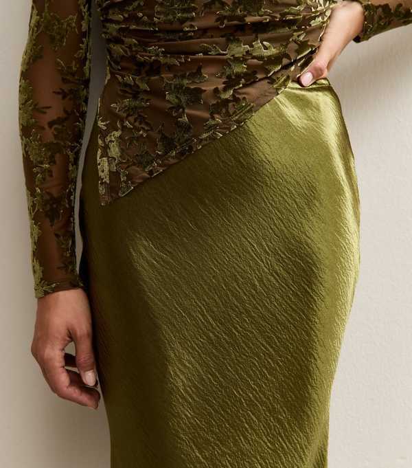 New Look Khaki Satin Midi Skirt