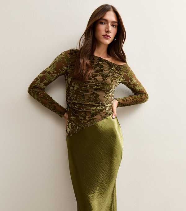 New Look Khaki Satin Midi Skirt