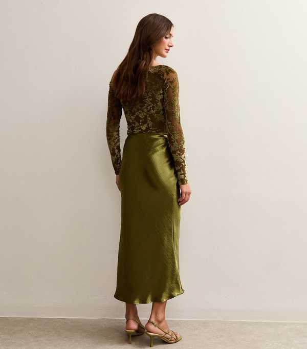 New Look Khaki Satin Midi Skirt