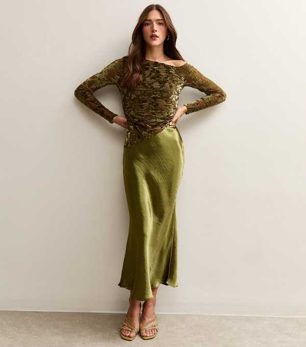 new look Khaki Satin Midi Skirt