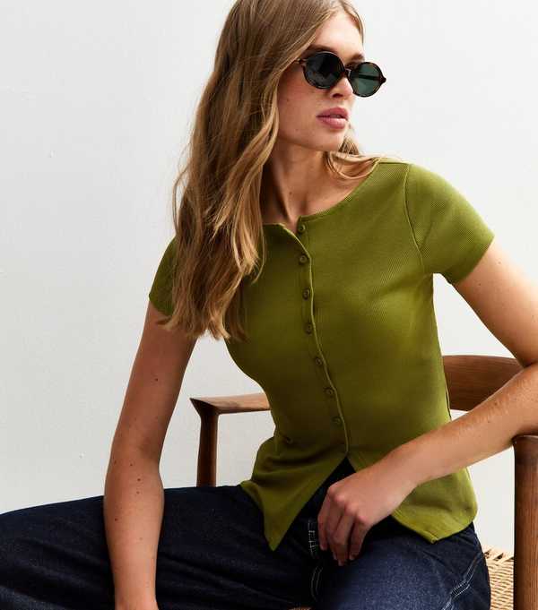 New Look Light Green Ribbed Button Up Baby Tee