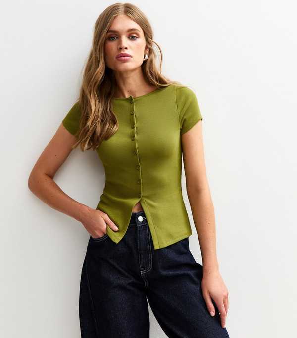 new look Light Green Ribbed Button Up Baby Tee